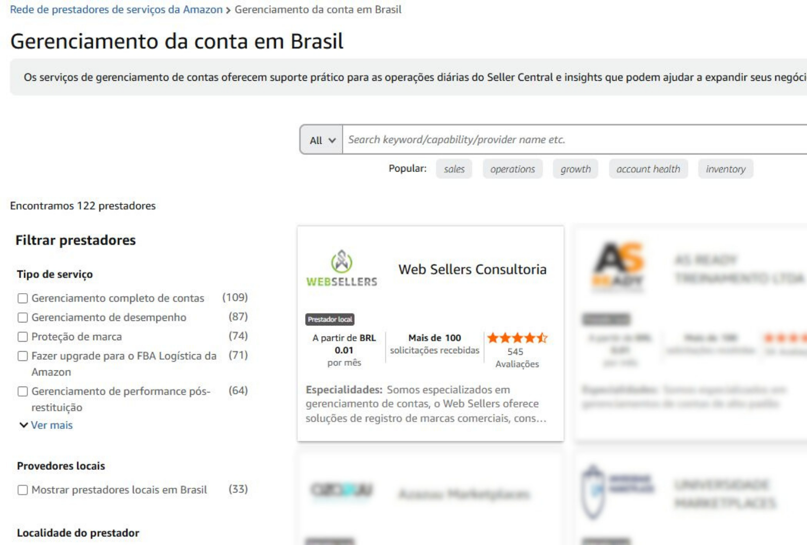 Websellers na página da Amazon Service Provider Network